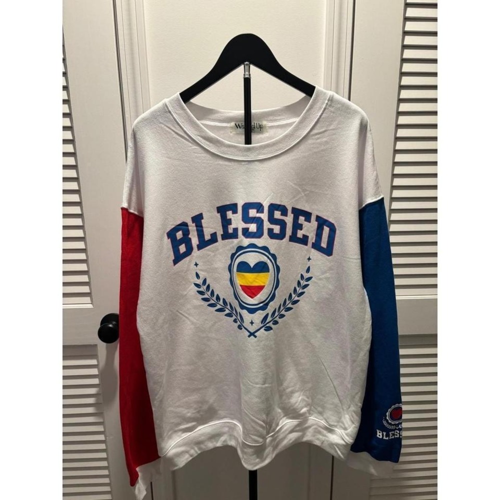 NWOT Wound Up Colorblock Blessed Sweatshirt Pullover Crewneck White Red Blue XXL